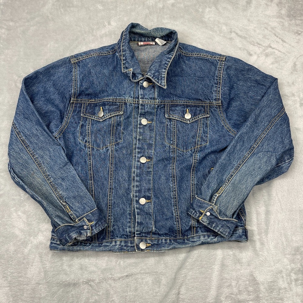 Real Work Wear Jean Trucker Jacket Mens S Blue‎ Denim Long Sleeve Button Front